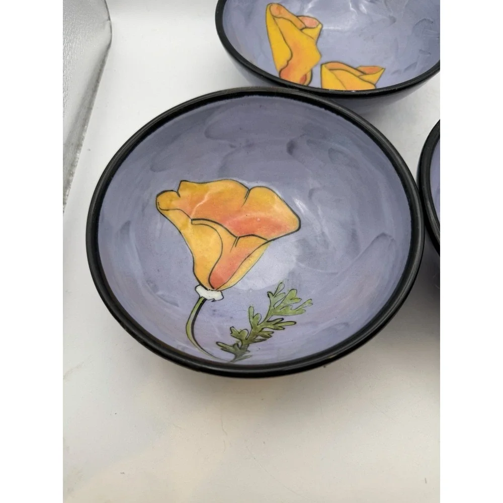 Set of 3 Hand Painted Art Pottery Bowls Purple Poppy Ladybug Signed Studio